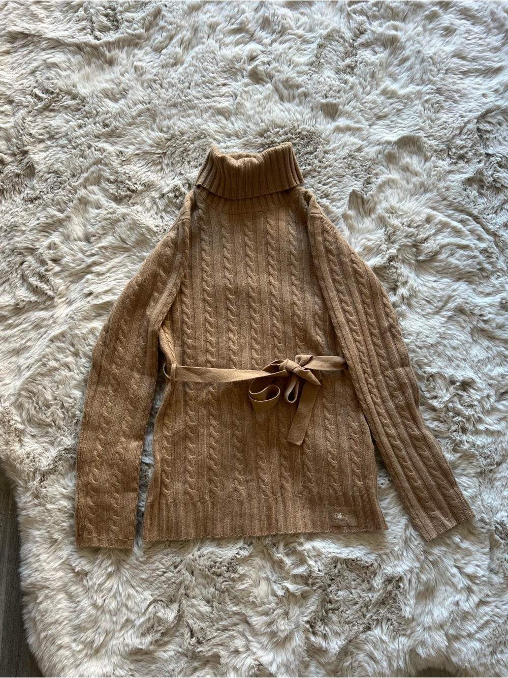 Burberry Camel Cable-Knit Turtleneck Sweater with Waist Tie